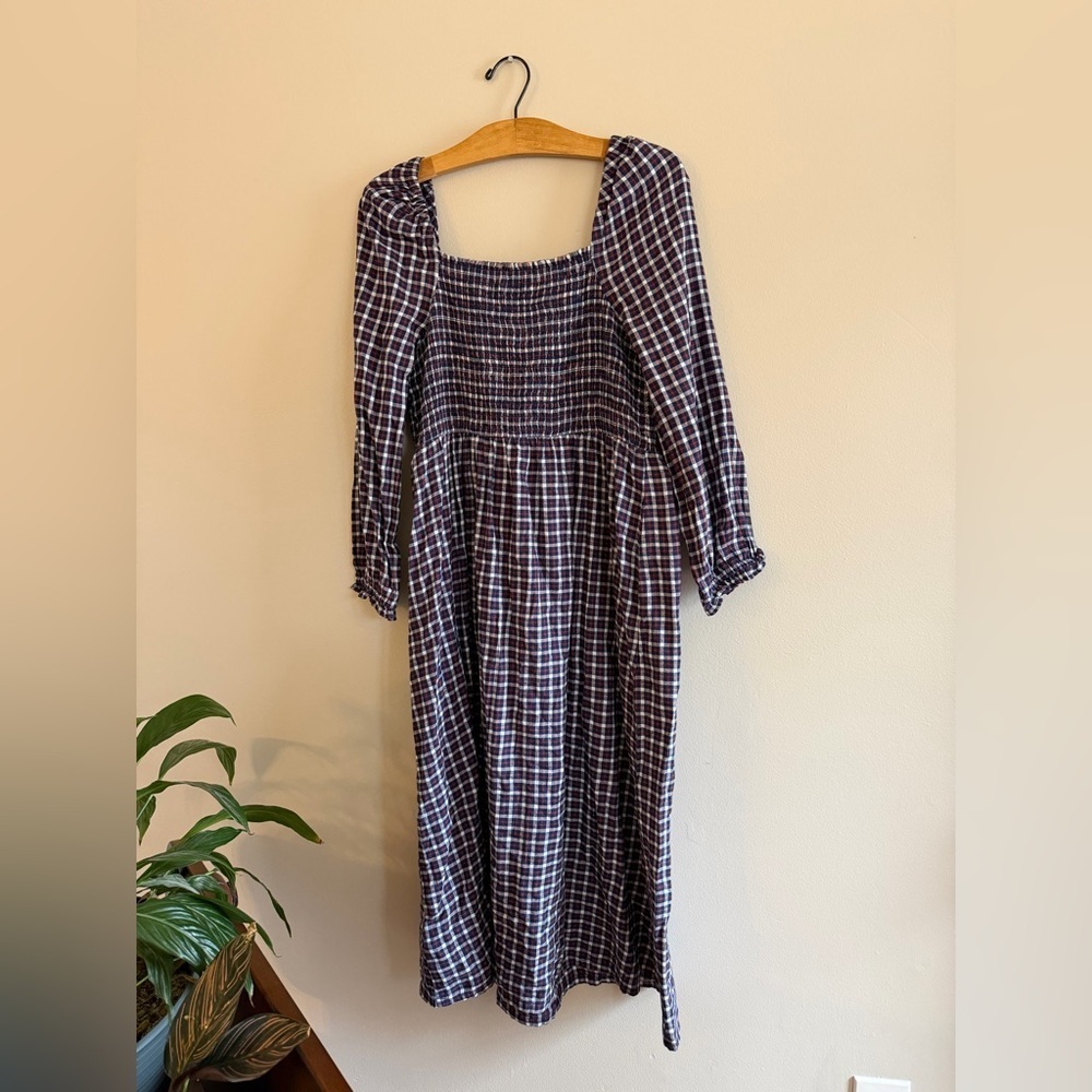 J Crew Womens Dress Plaid Flannel Cottage Puff Sleeve Smocked Midi Navy Size L - Picture 9 of 14